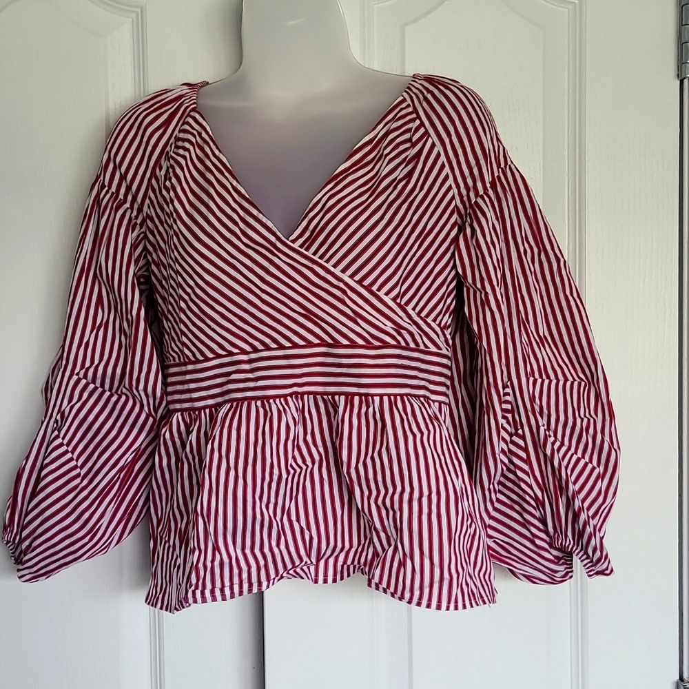 Express stripped shirt with side zipper and tie in back blouson sleeves.